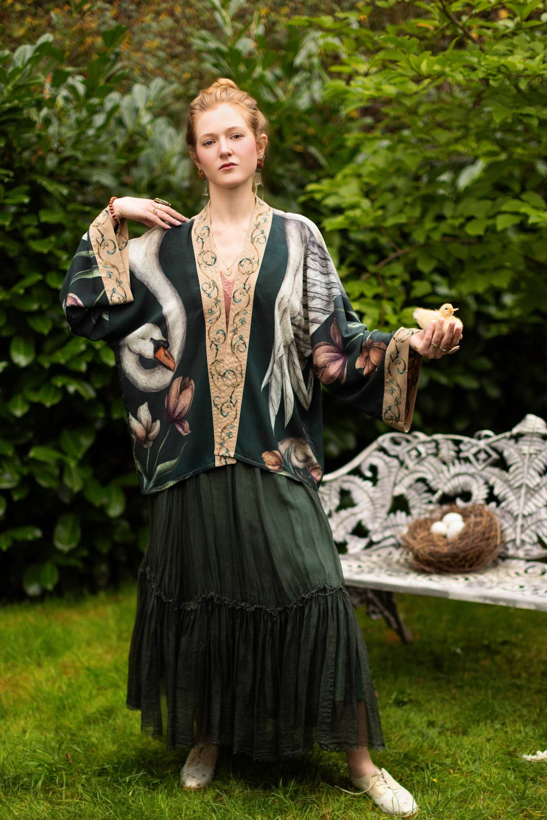 Under My Wing Pixie Crop Kimono w/ Swan & Feathers