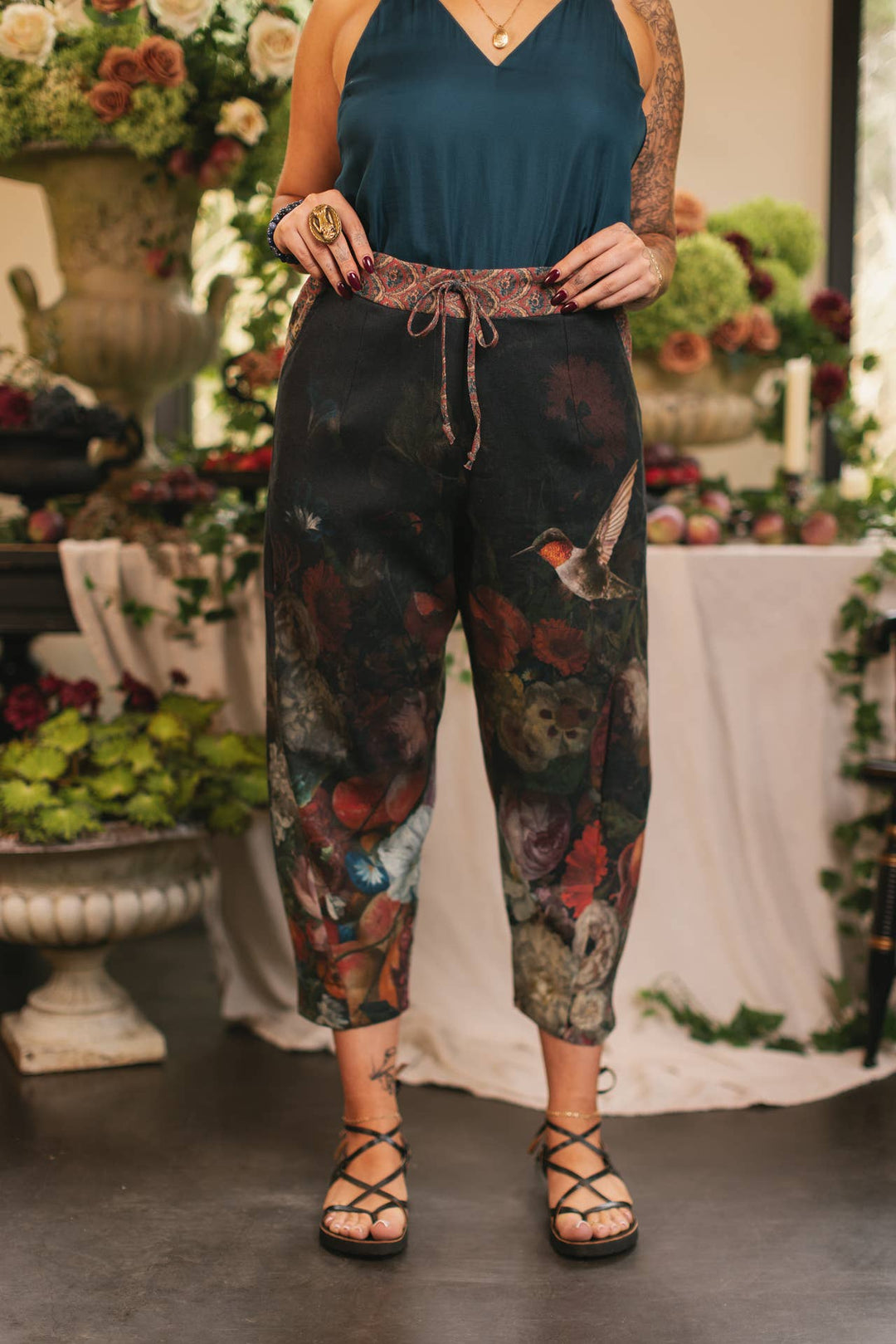 Flight of Fancy Linen Cropped Artist Pants w/ Hummingbird
