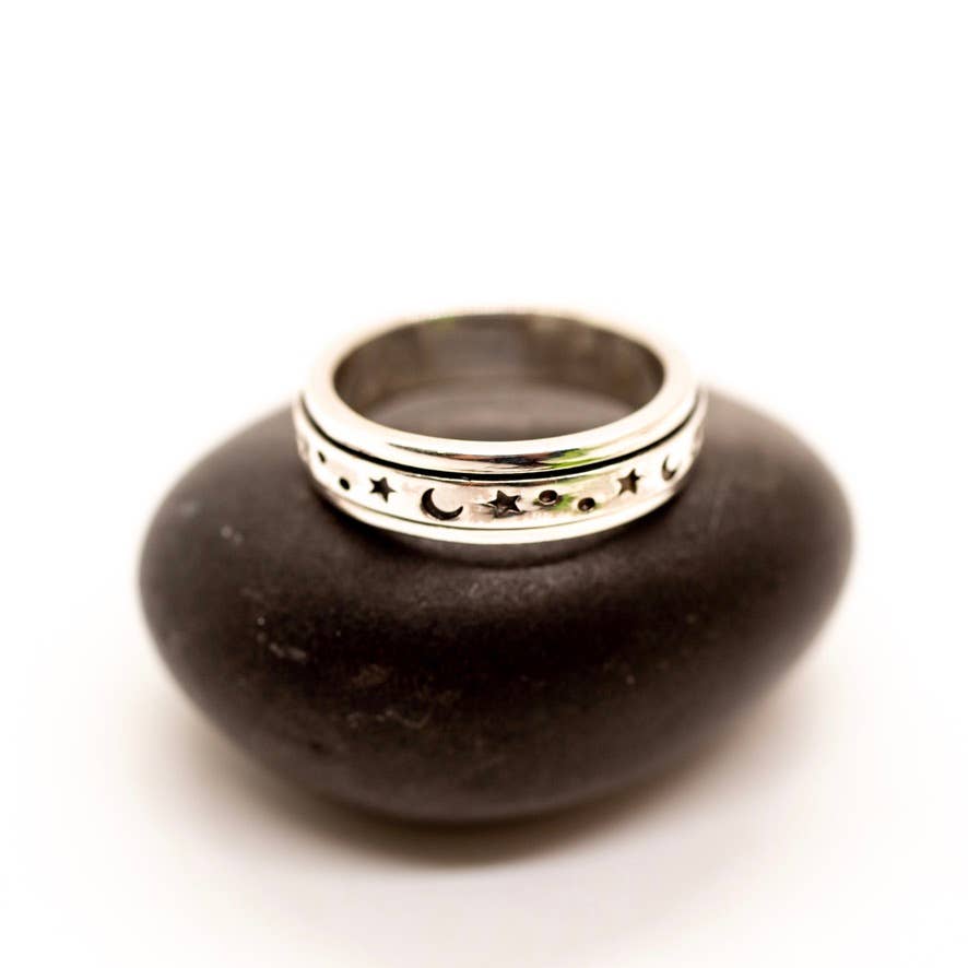 Sterling Silver Star & Moon Spinner Ring - Rajasthan, India