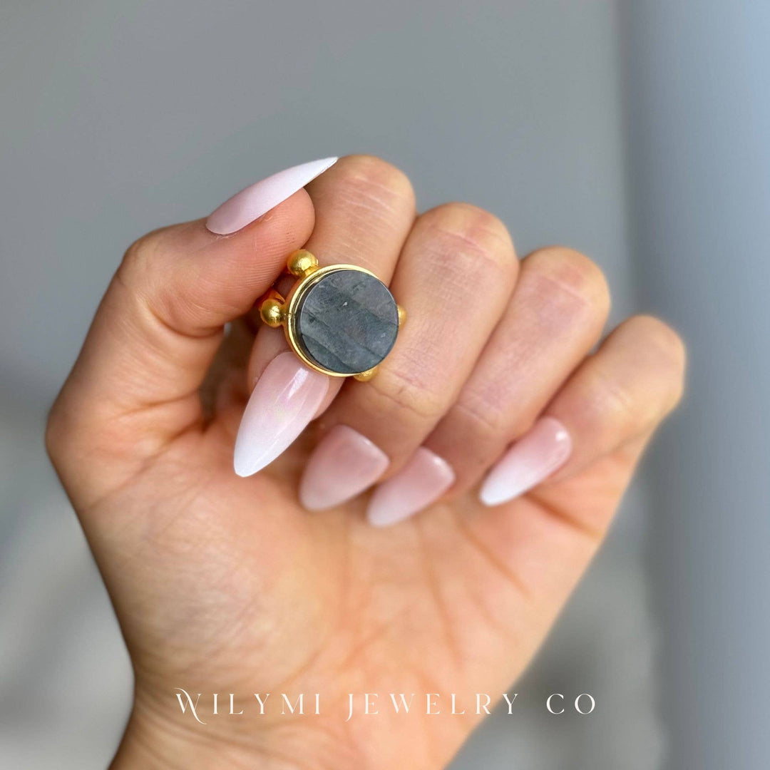 Labradorite 16mm Round Cut Flat Ring | 24k Gold Filled