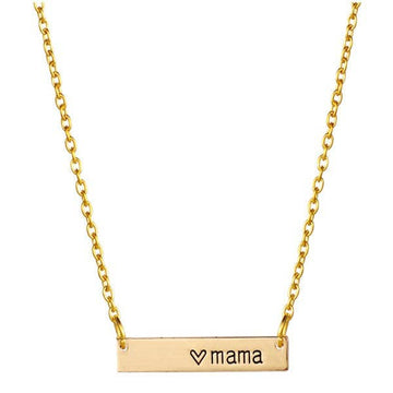 Gold necklace with 'mama' pendant on a white background