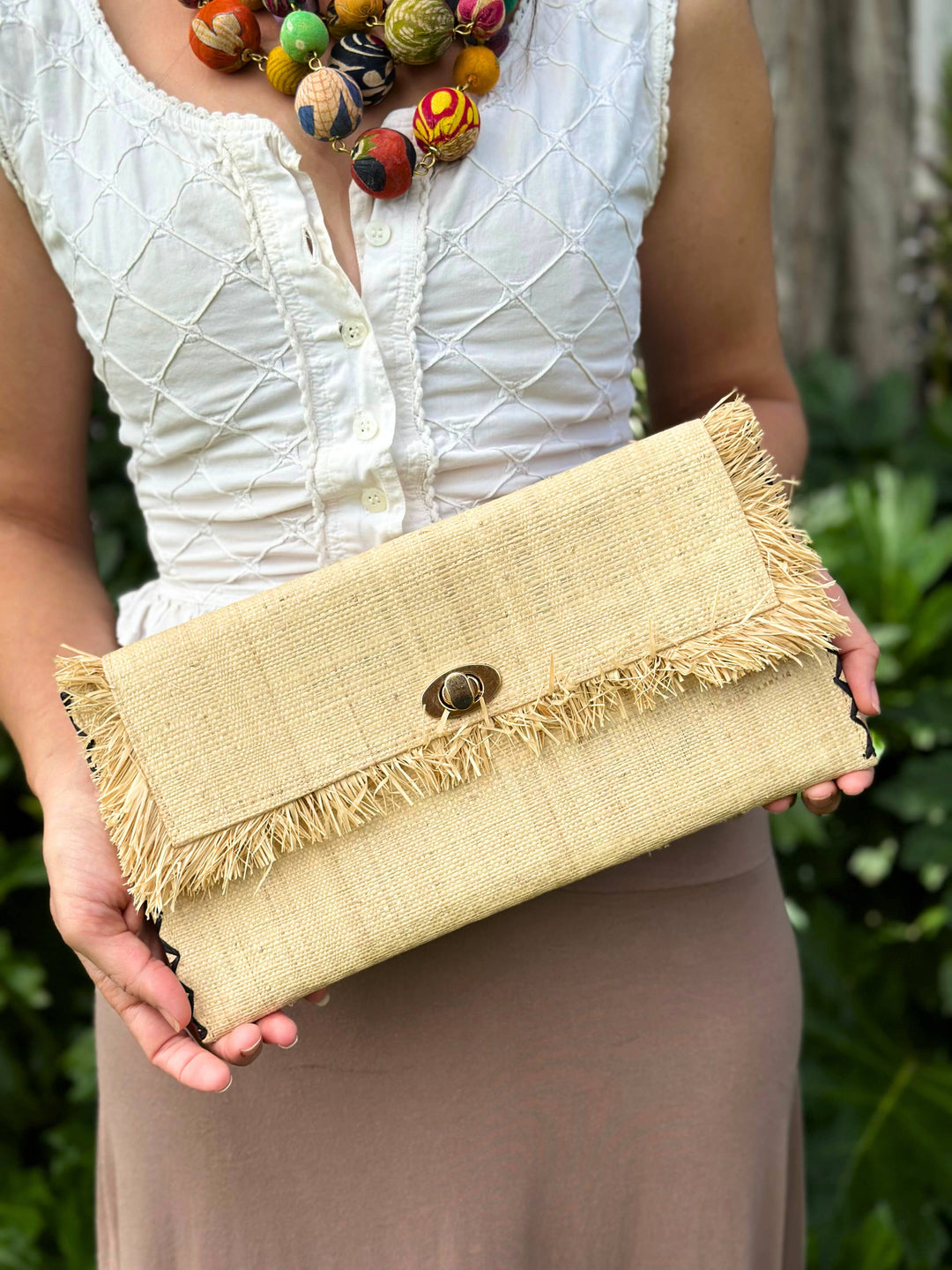 Sophie Raffia Straw Envelope Clutch Purse with Raw Fringe