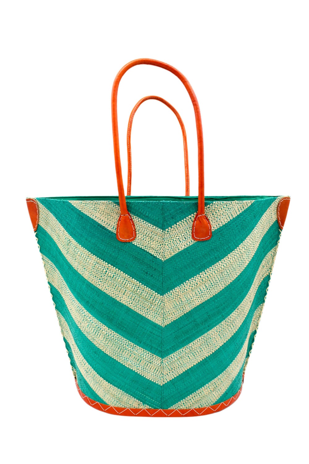 Woven basket with chevron pattern and orange handles on a white background