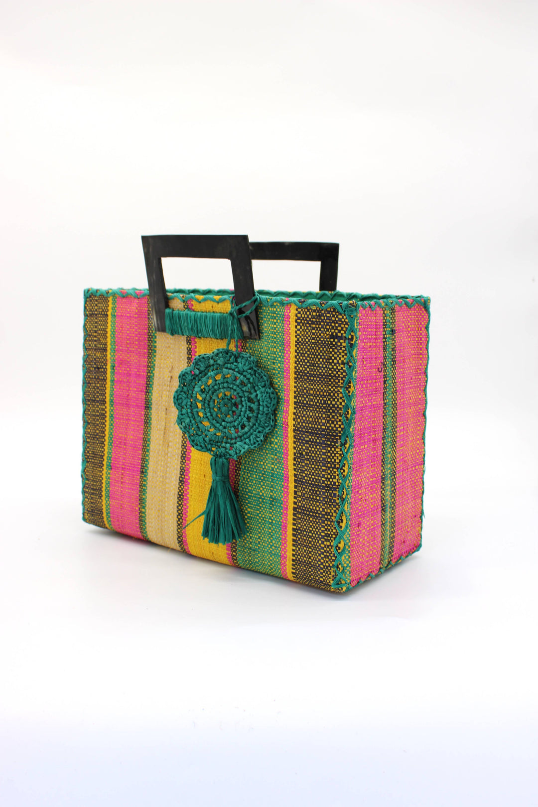 Stevie Square Straw Handbag with Horn Handles