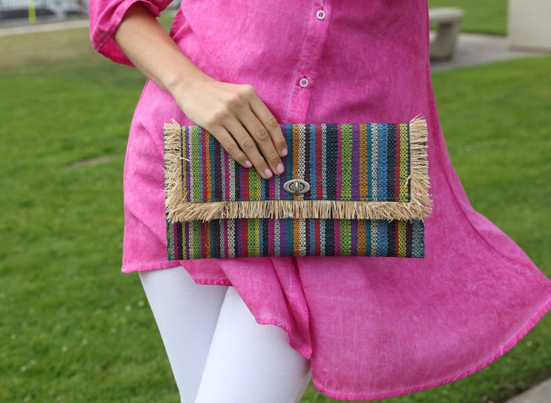 Sophie Raffia Straw Envelope Clutch Purse with Raw Fringe