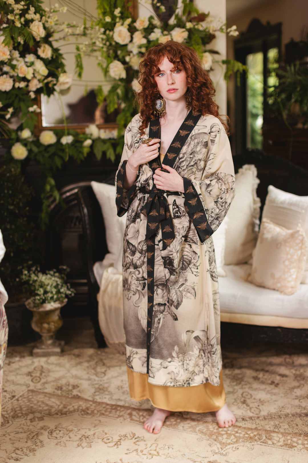 Honey & The Moon Opera Duster Kimono Robe w/ Florals & Bees