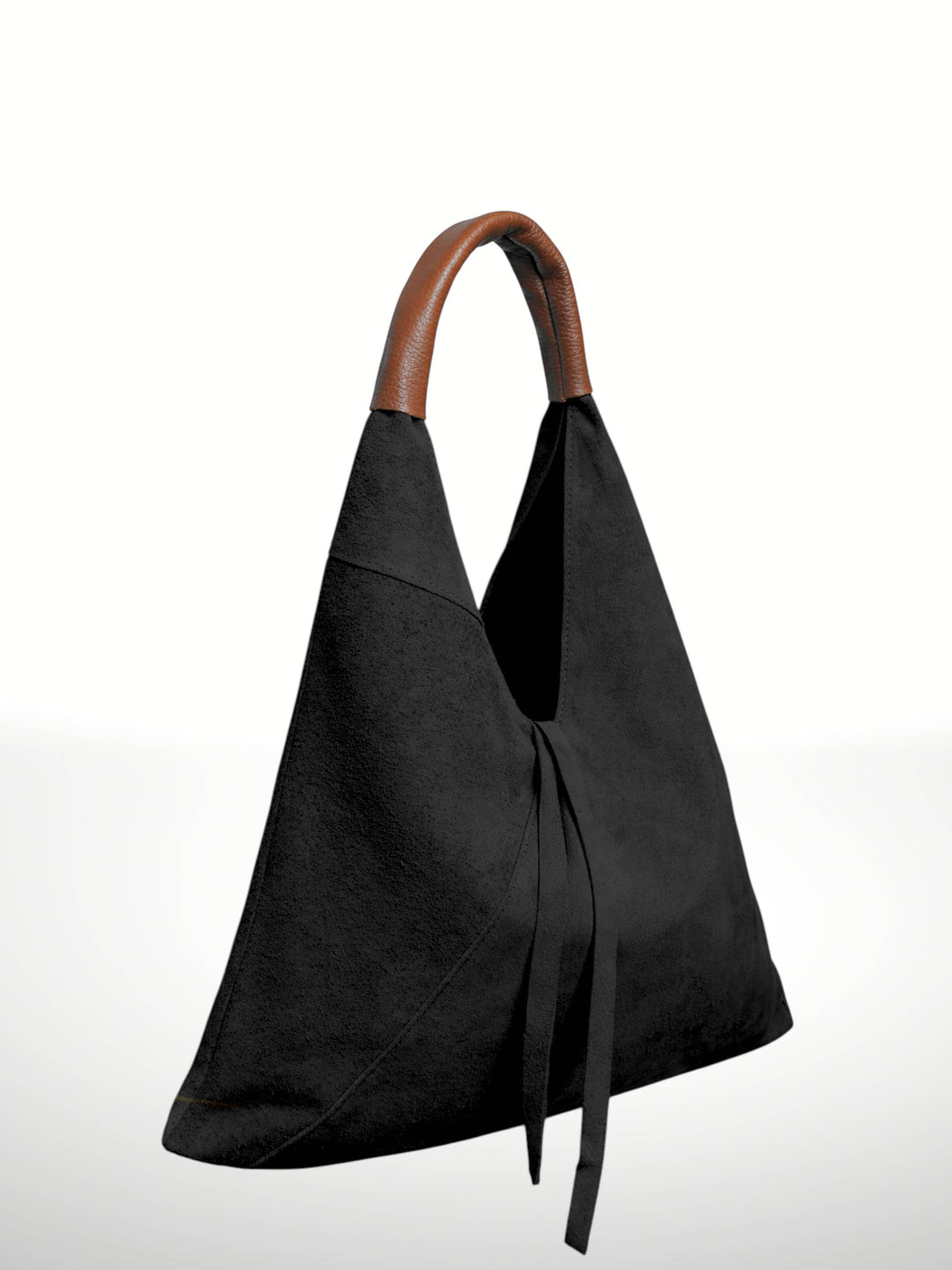 A black slouchy shoulder bag with a brown faux-leather top handle, shown against a plain white background.