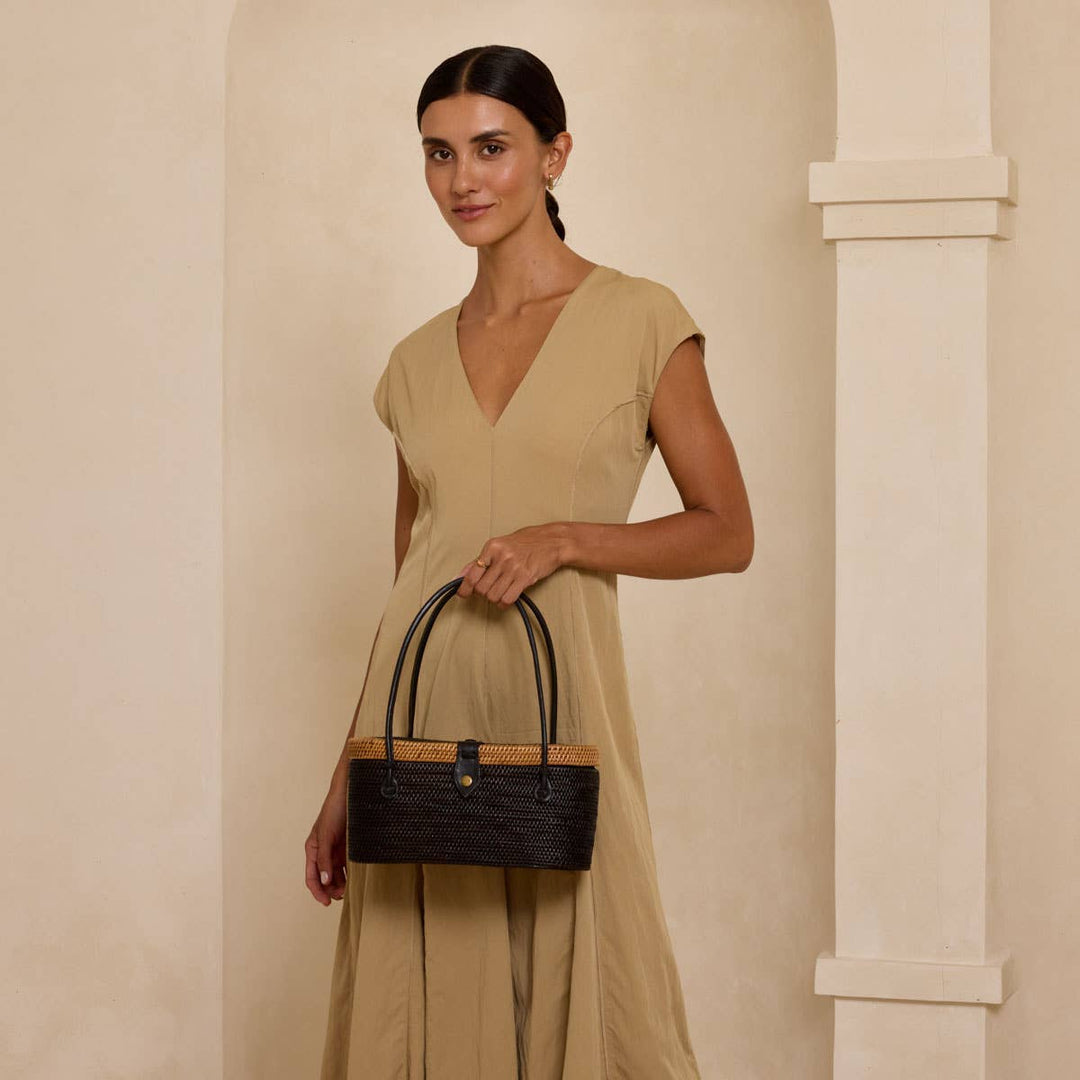 Black with Natural Trim Oval Racetrack Handbag - Bali