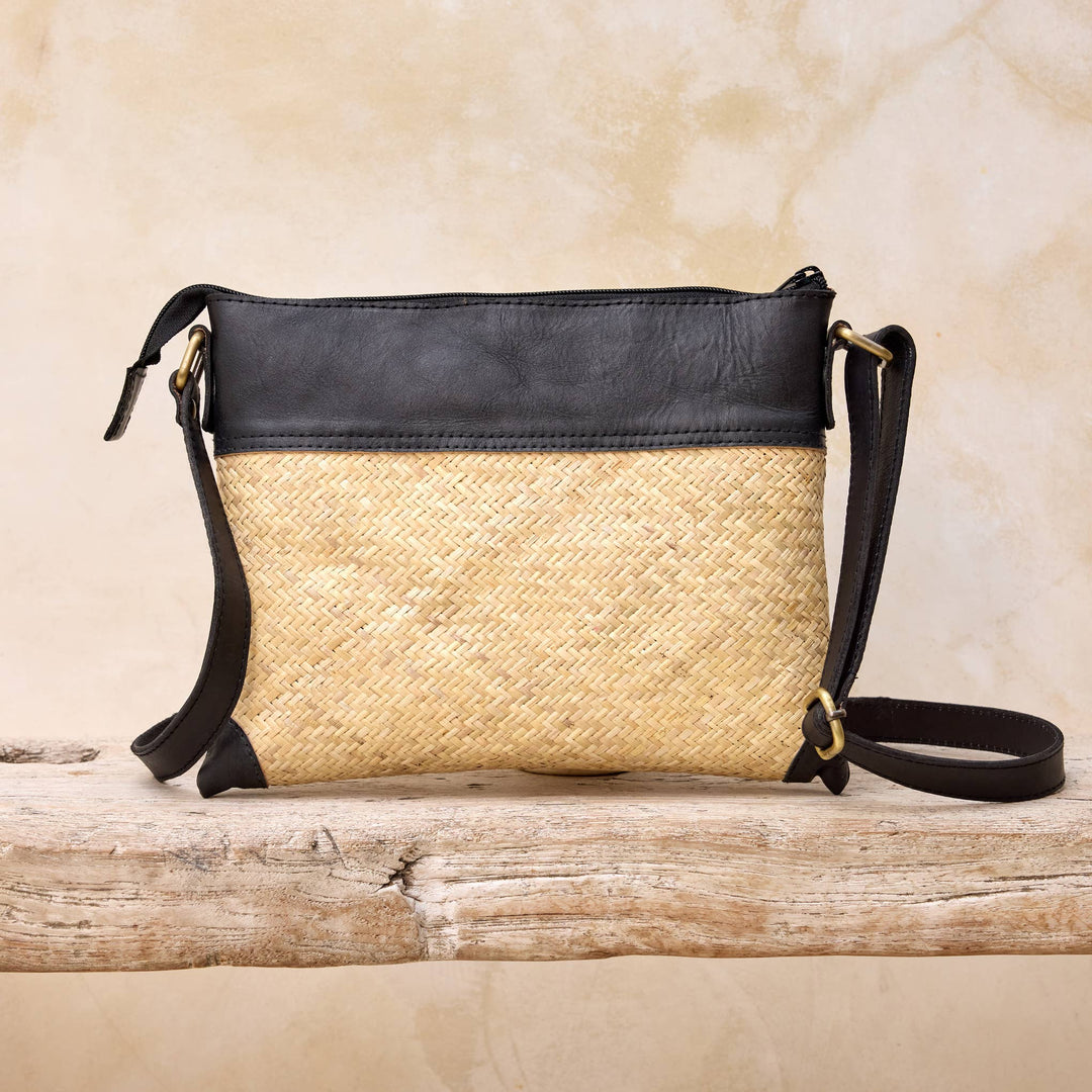 Rattan Crossbody Bag with Dark Leather Trim - Borneo