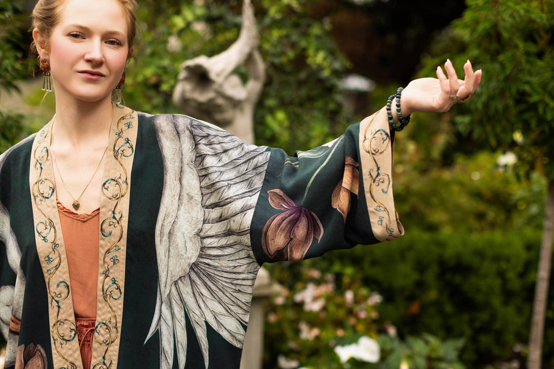 Under My Wing Pixie Crop Kimono w/ Swan & Feathers