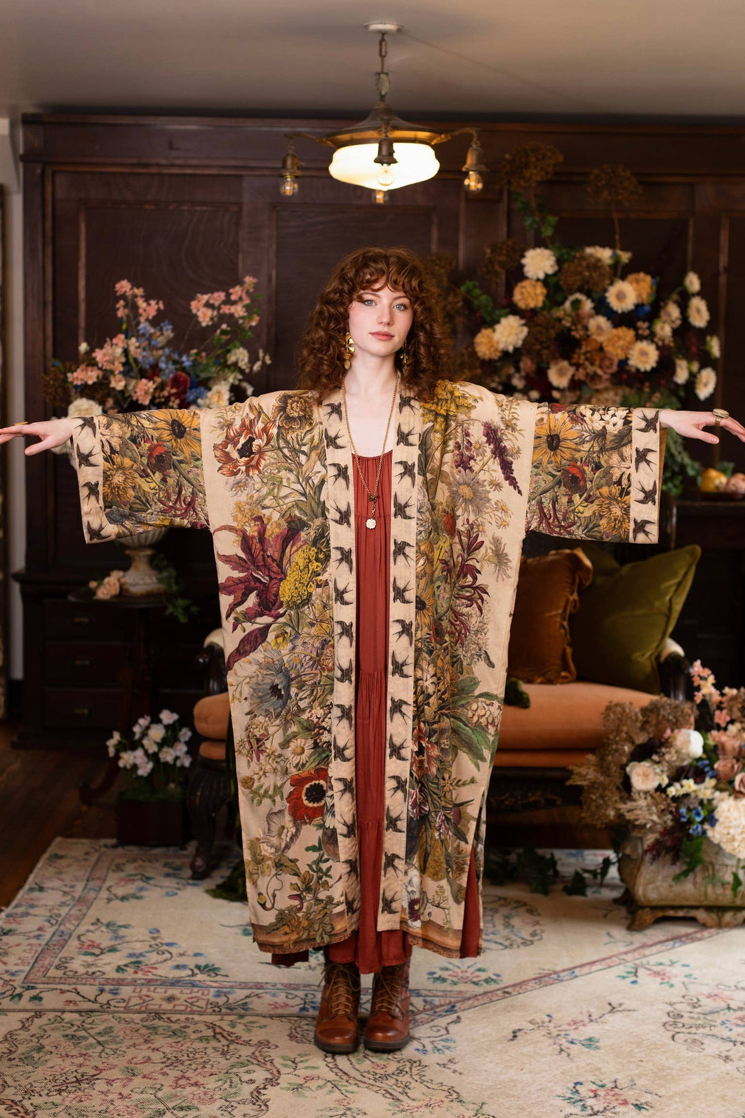 Golden Hour Opera Duster Kimono Robe w/  Floral Print