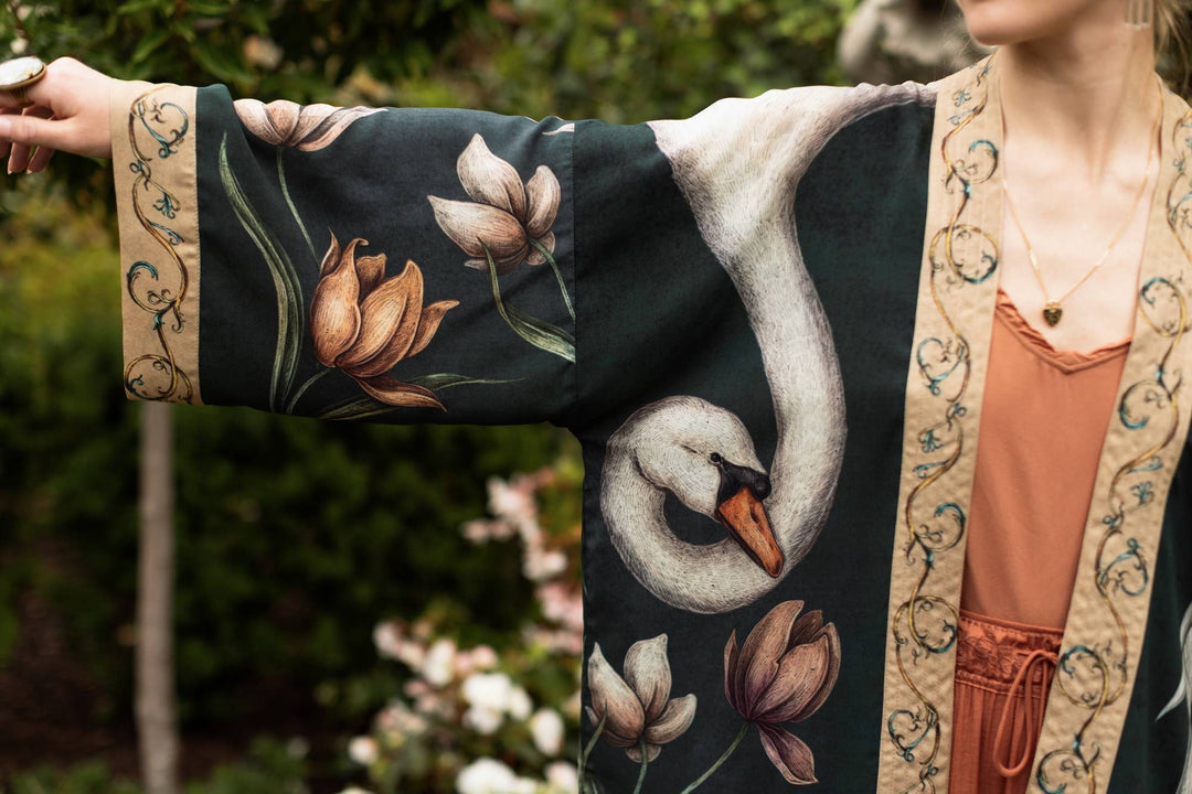 Under My Wing Pixie Crop Kimono w/ Swan & Feathers