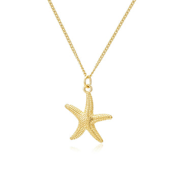 Gold starfish pendant necklace on a white background
