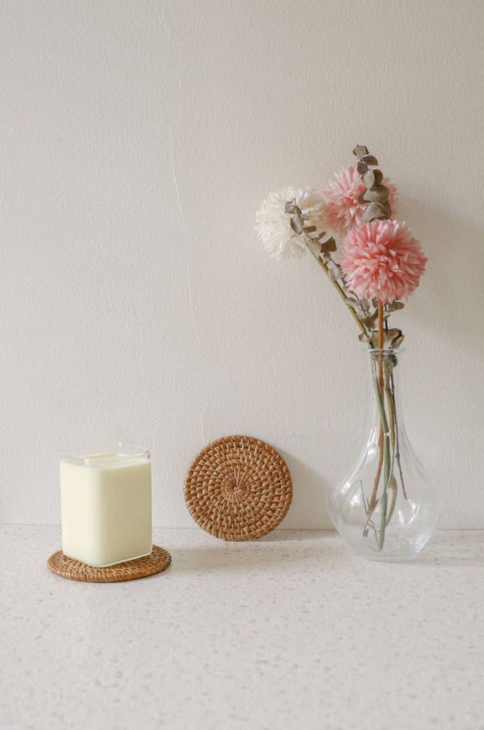 Round Rattan Coaster - Brown Boho Straw Raffia Wicker Drink -