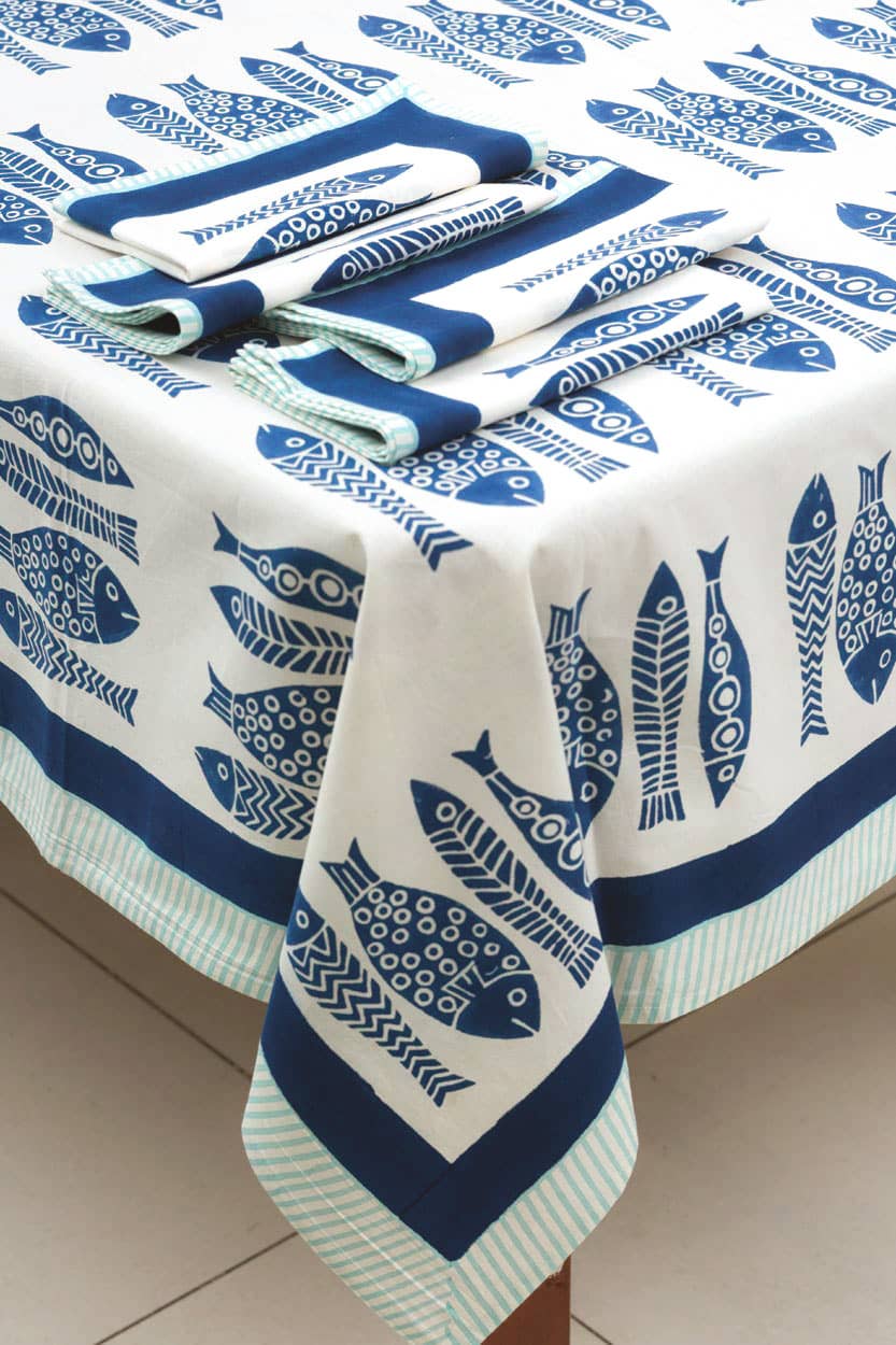 Fish Block Print Tablecloth