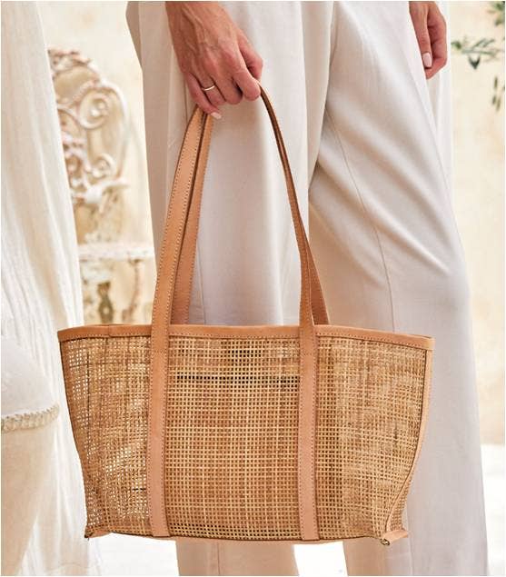 Rattan Basket Weave Tote Bag with Light Leather - Bali