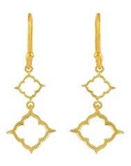 Gold earrings with clover-shaped designs on a white background
