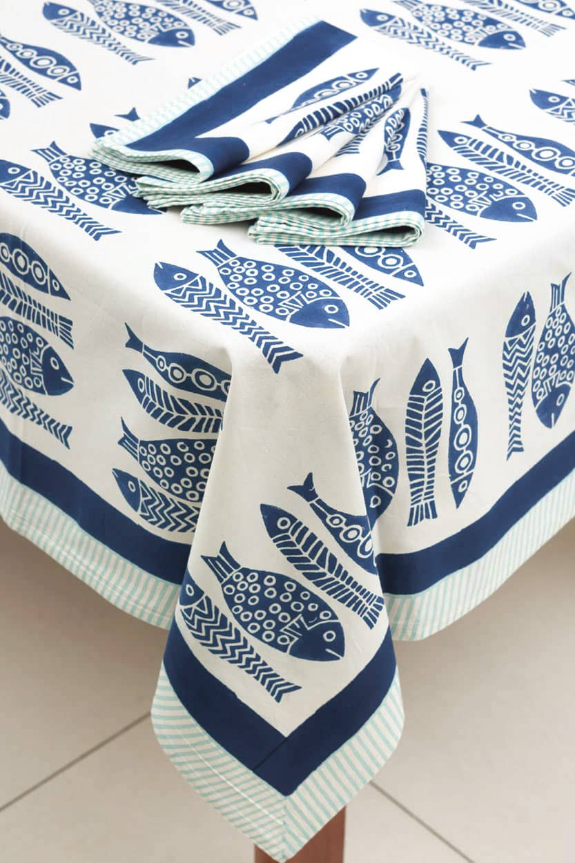 Fish Block Print Tablecloth