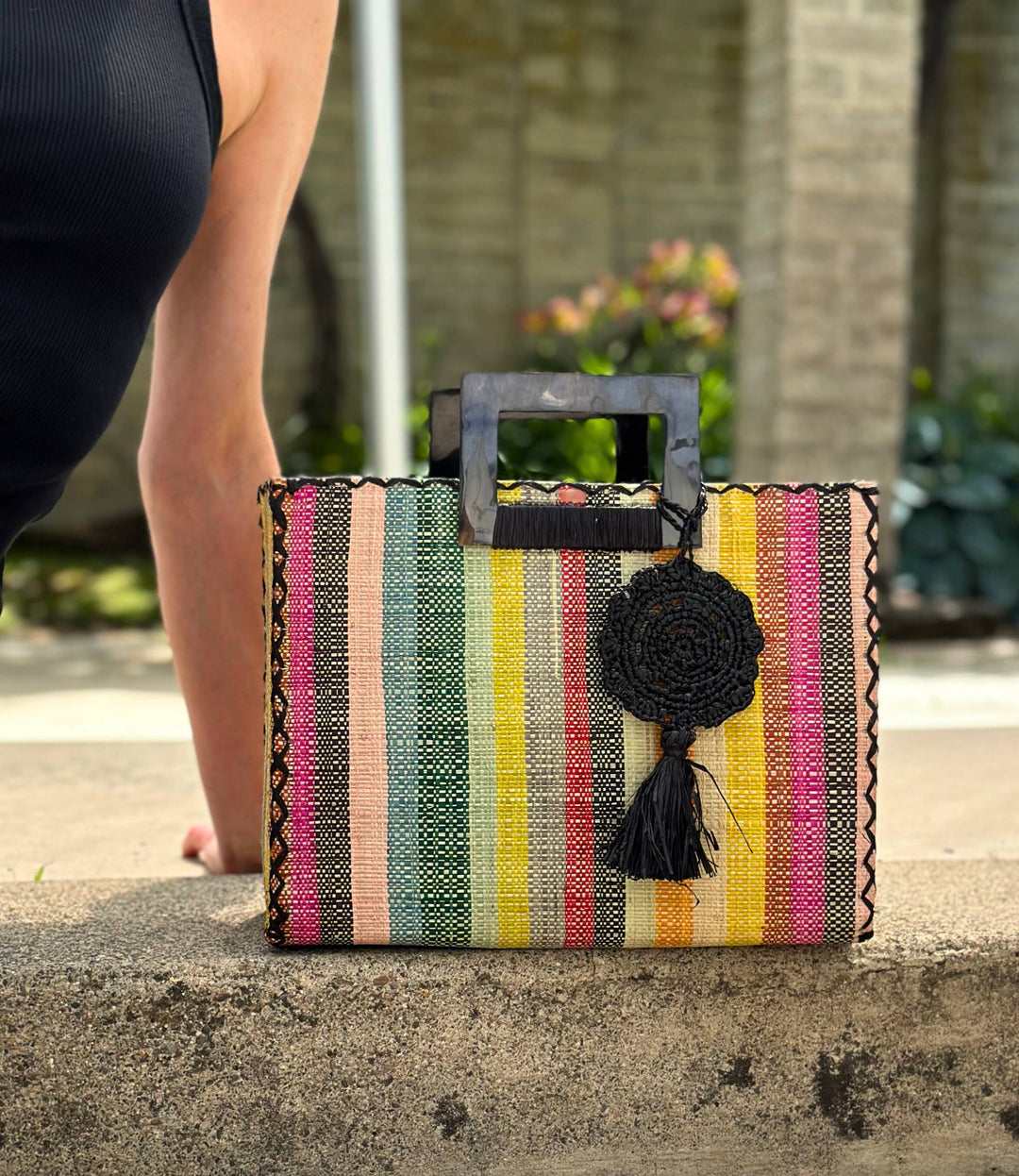 Stevie Square Straw Handbag with Horn Handles