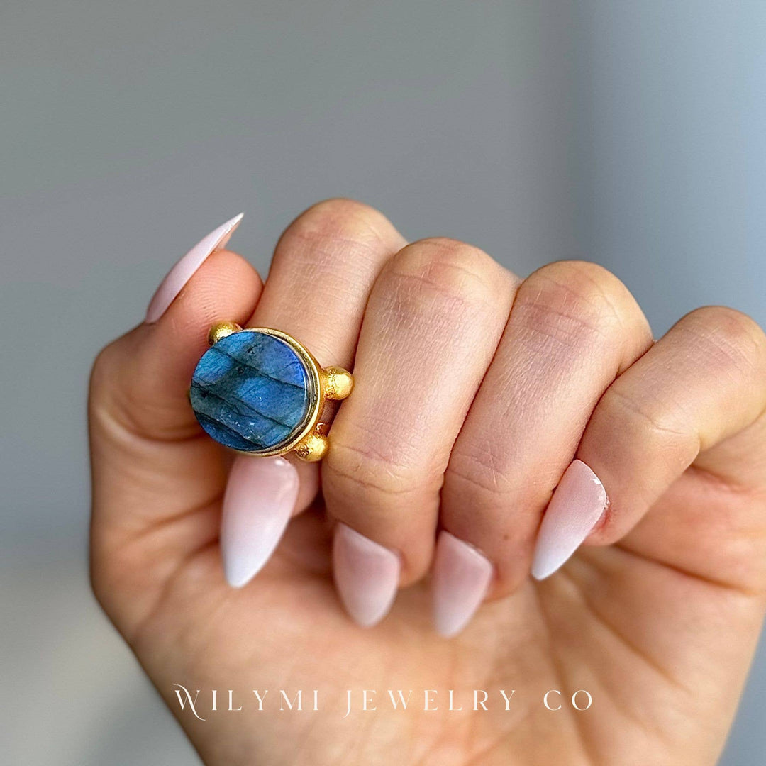 Labradorite 16mm Round Cut Flat Ring | 24k Gold Filled