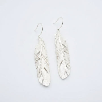 Silver feather-shaped earrings on a light gray background