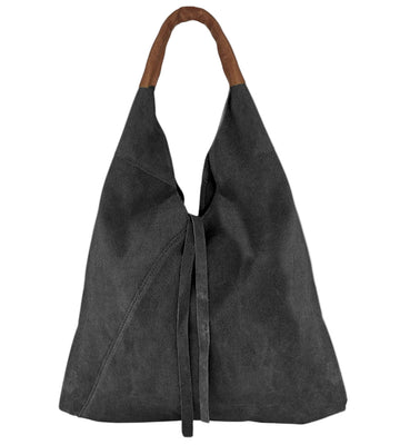 Gray tote bag with a wooden handle on a white background