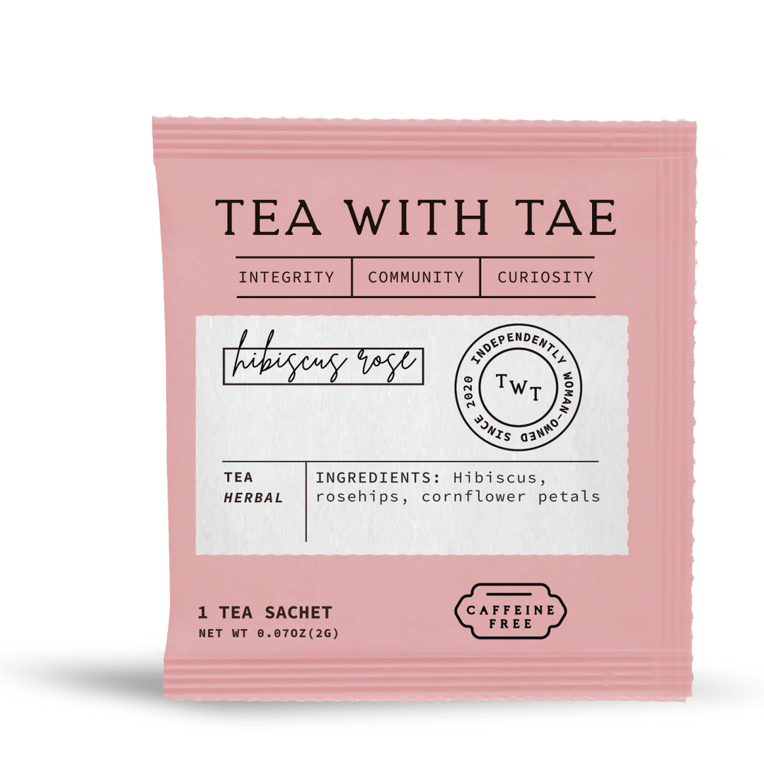 Tea package with 'Tea with Tae' branding on a white background