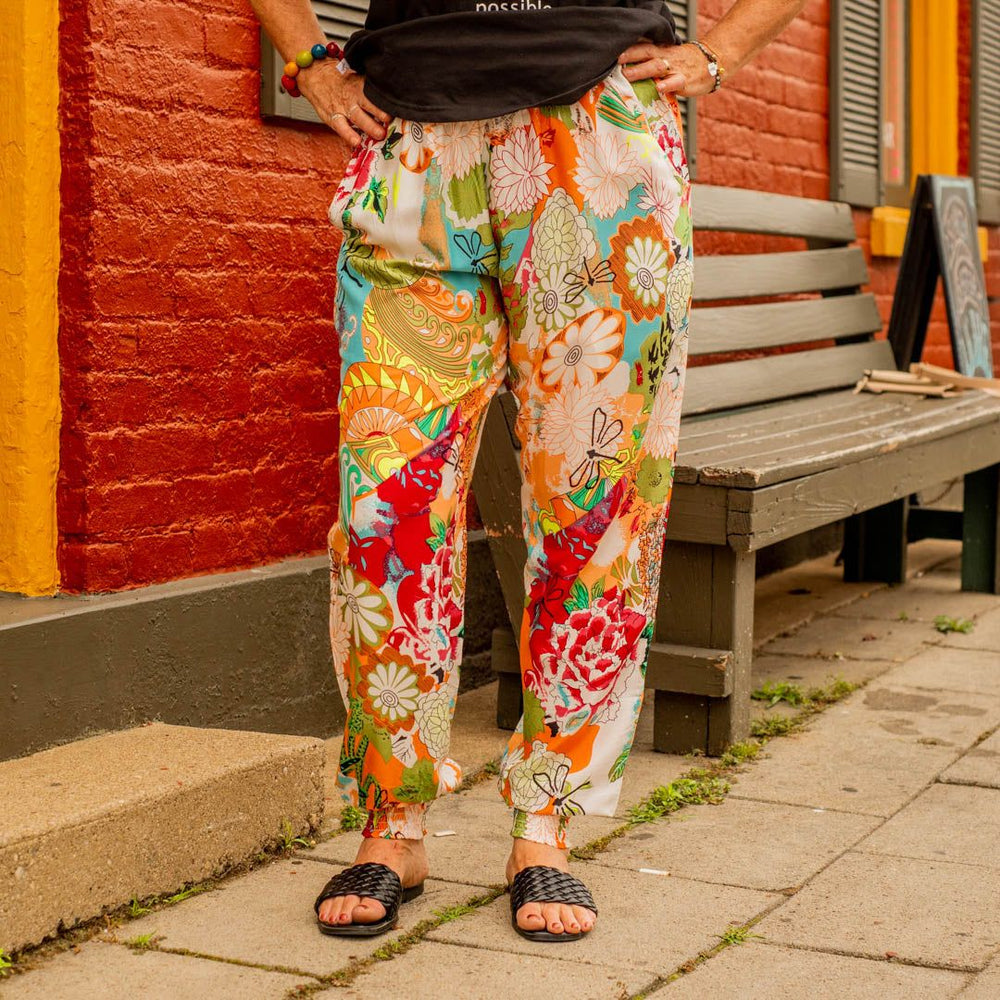 sohza sister dragonfly joggers. Flowy pants with a cinched ankle, colorful pattern and elastic waist.