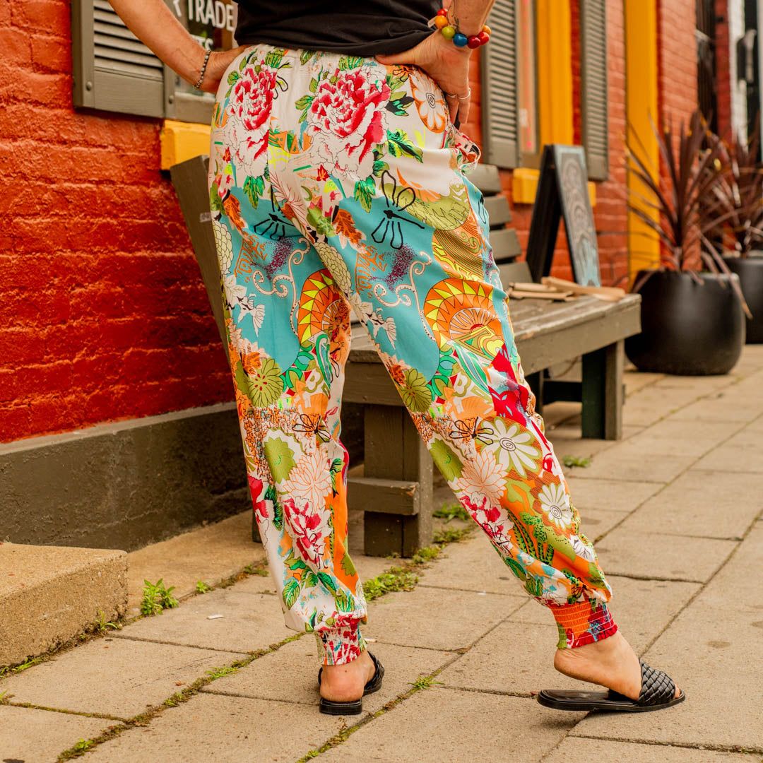 sohza sister dragonfly joggers. Flowy pants with a cinched ankle, colorful pattern and elastic waist.