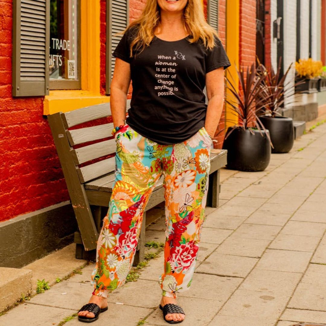 sohza sister dragonfly joggers. Flowy pants with a cinched ankle, colorful pattern and elastic waist.