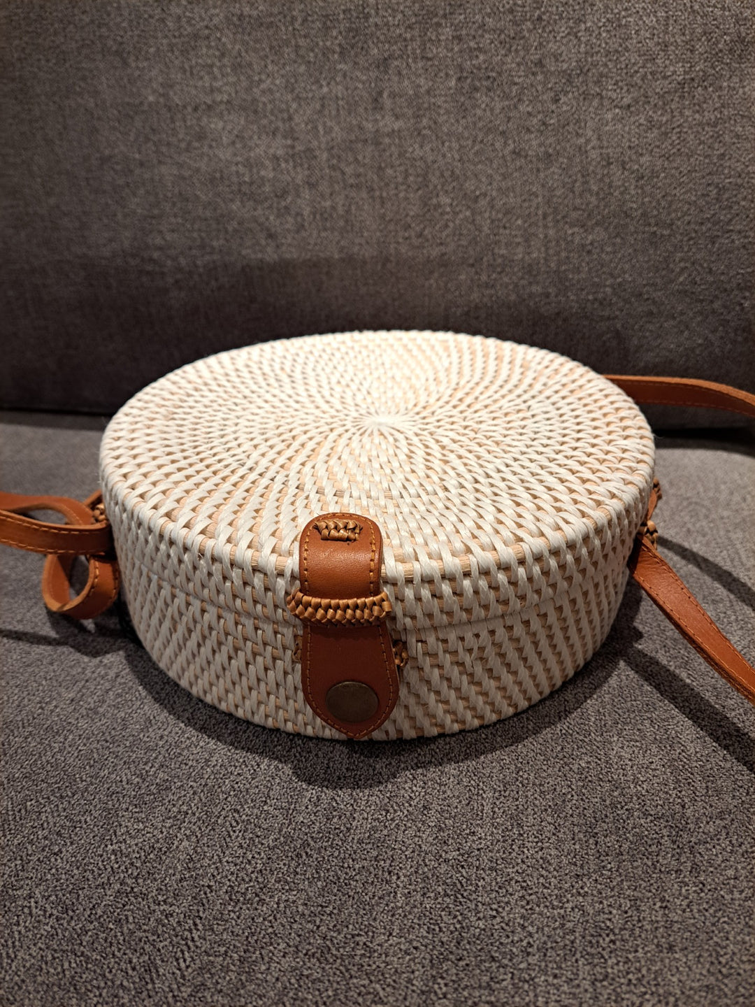 Round Ata Rattan Bag, White - Bali