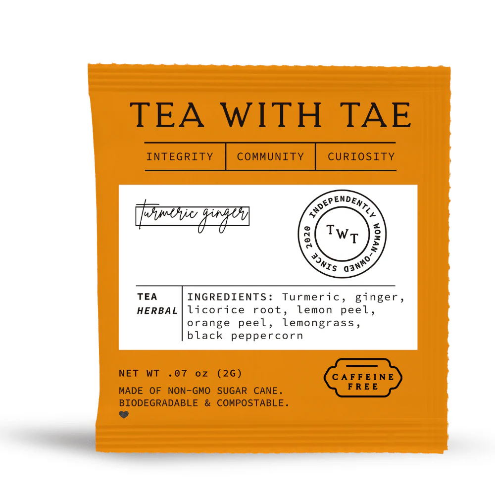 Tea package with 'Tea with Tae' branding on an orange background