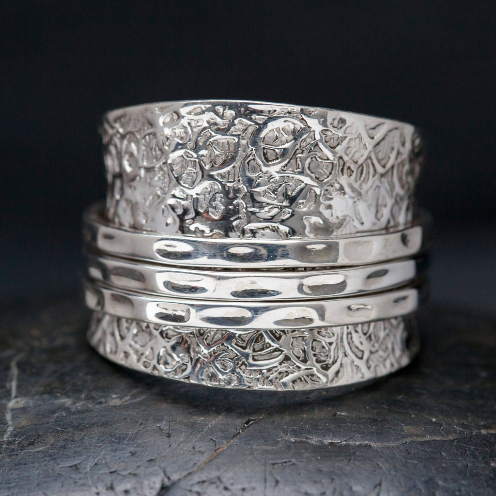 Sterling Silver Etched with Three Hammered Bands Meditation Ring - India