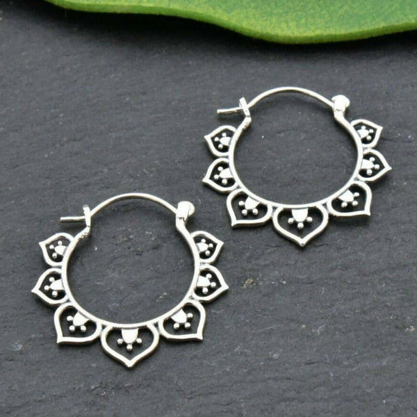 Sterling silver lotus decorated drop hoop earrings - India