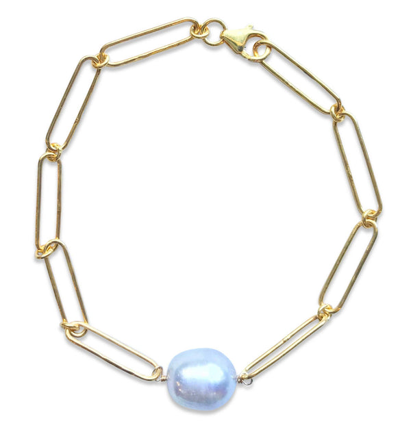 Gold Paper Clip Bracelet with Pearl - New Canaan, Connecticut