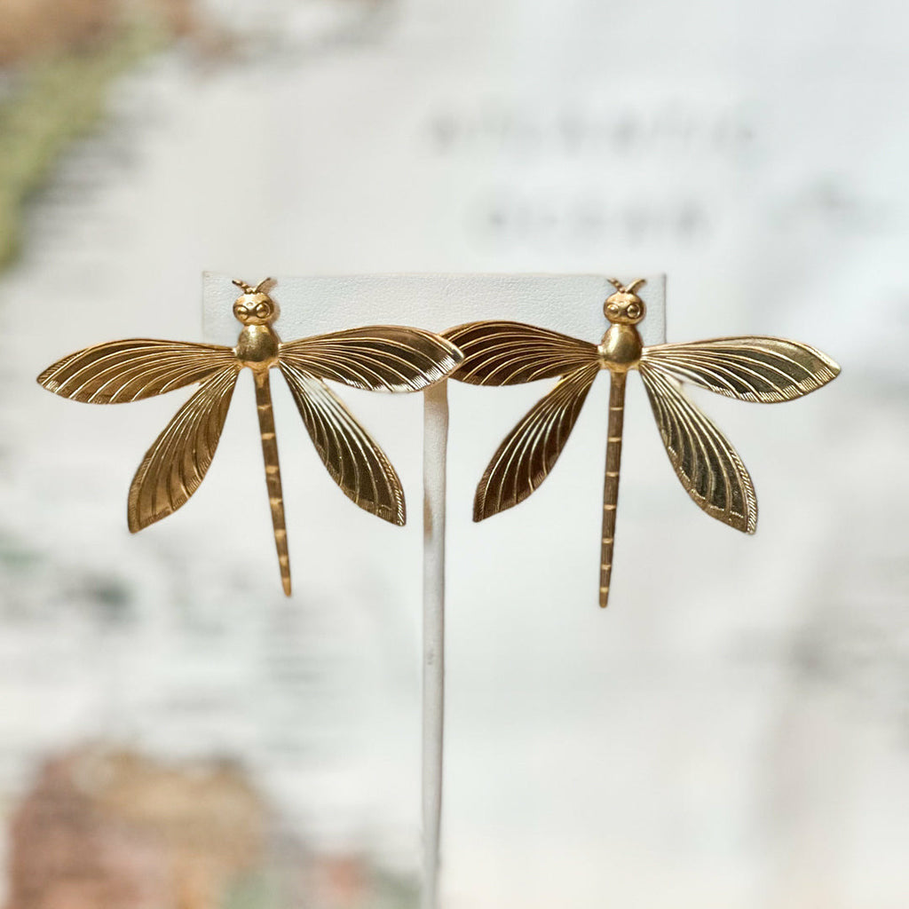 Beautiful handmade brass gold dragonfly post earrings