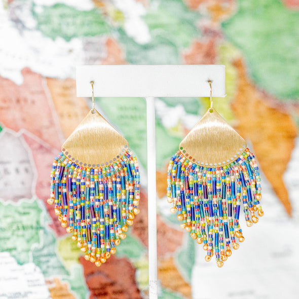 Beaded Handwoven Confetti Fringe Earrings, Blue - Colombia