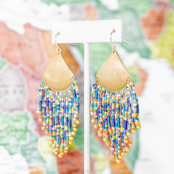 Beaded Handwoven Confetti Fringe Earrings, Blue - Colombia