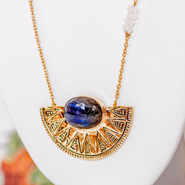 Brass Carved Shield Pendant with Labradorite - Rajasthan India