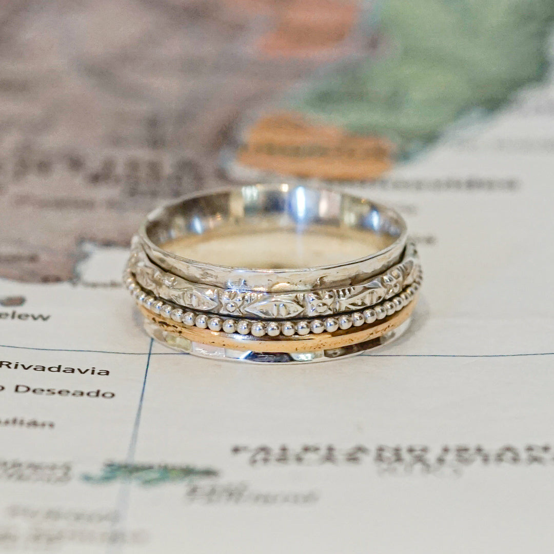 Sterling Silver Spinner Meditation Ring with Dotted Tri-Bands - India