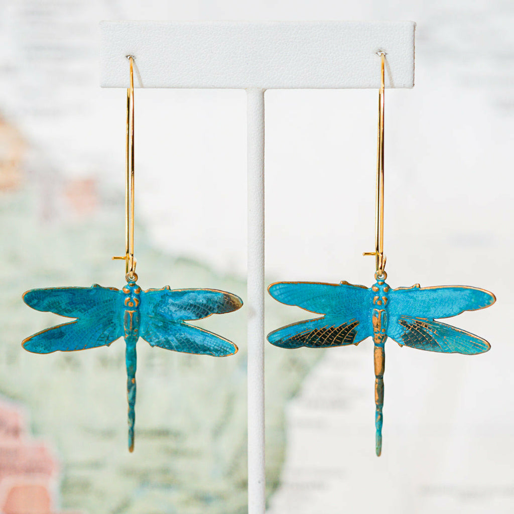 Beautiful hand made brass patina dragonfly dangle earrings