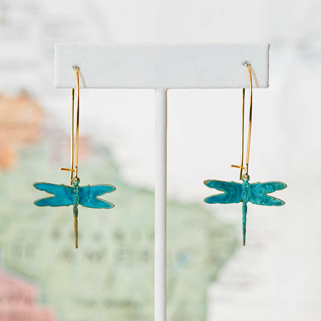 Small brass patina dragonfly dangle earrings