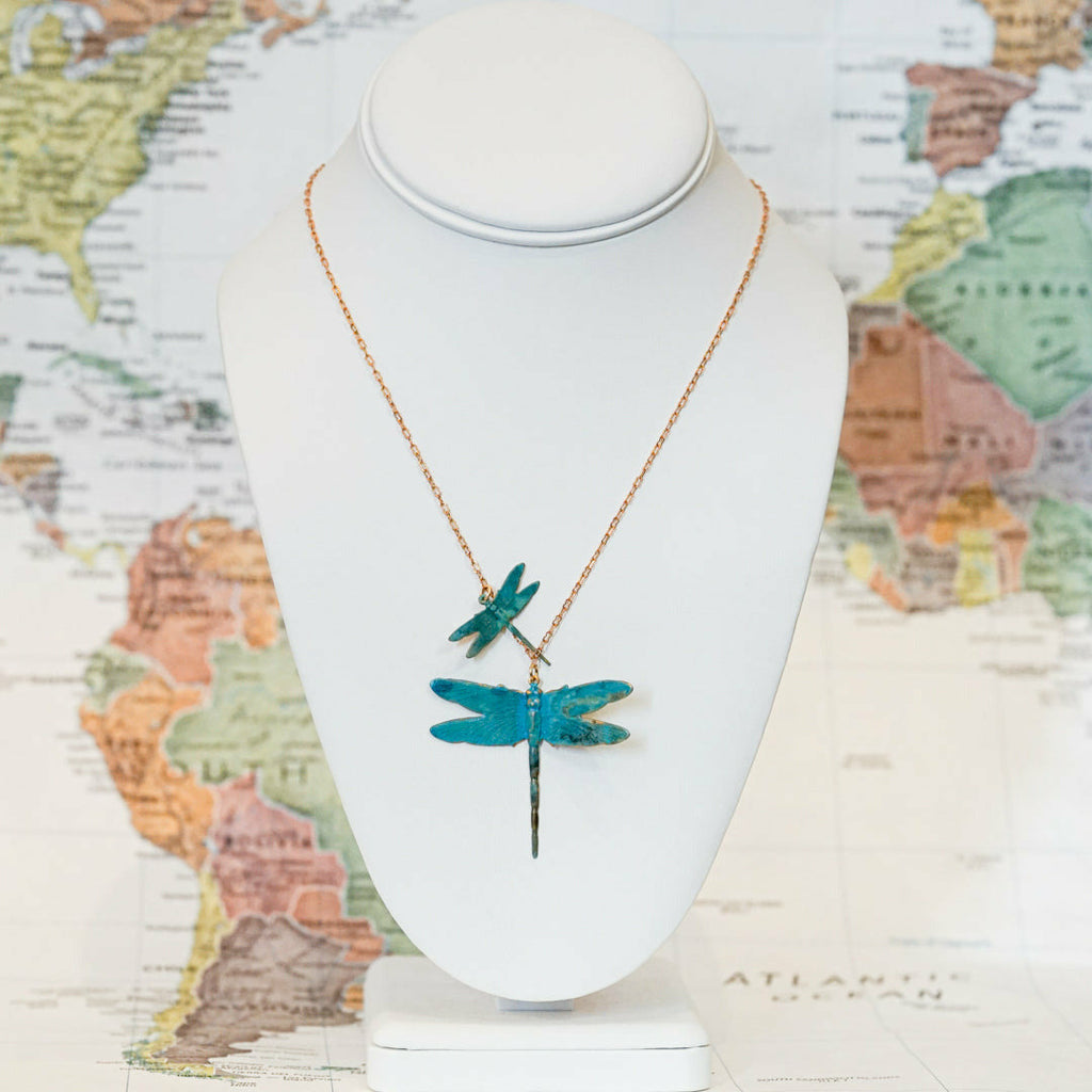Beautiful brass-patina dragonfly necklace with two dragonflies