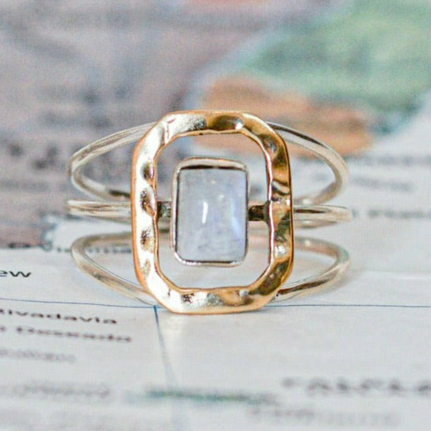 Sterling Silver Moonstone Brass Square Ring - Rajasthan, India