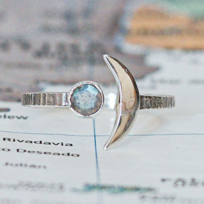 Sterling & Labradorite Crescent Ring - Rajasthan India