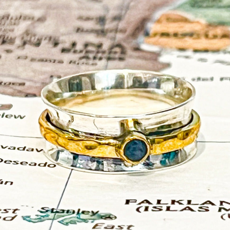 Simple Sterling & Brass Meditation Ring w/ Labradorite - India