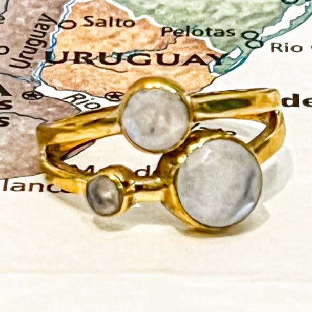 Brass Triple Moonstone Ring - Rajasthan, India