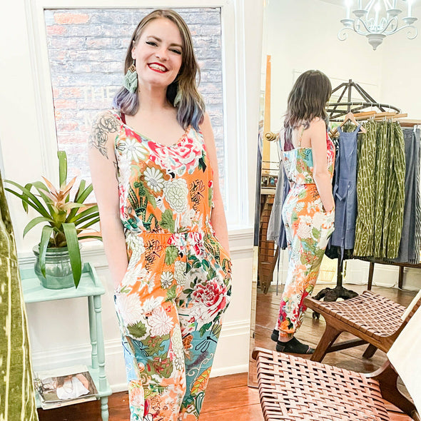 sohza sister dragonfly tank top. Spaghetti strap, heart neckline tank with colorful floral pattern.