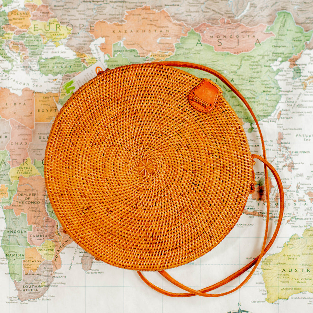 Round Ata Rattan Bag (Brown) - Bali Bag Straw Boho Beach Bag