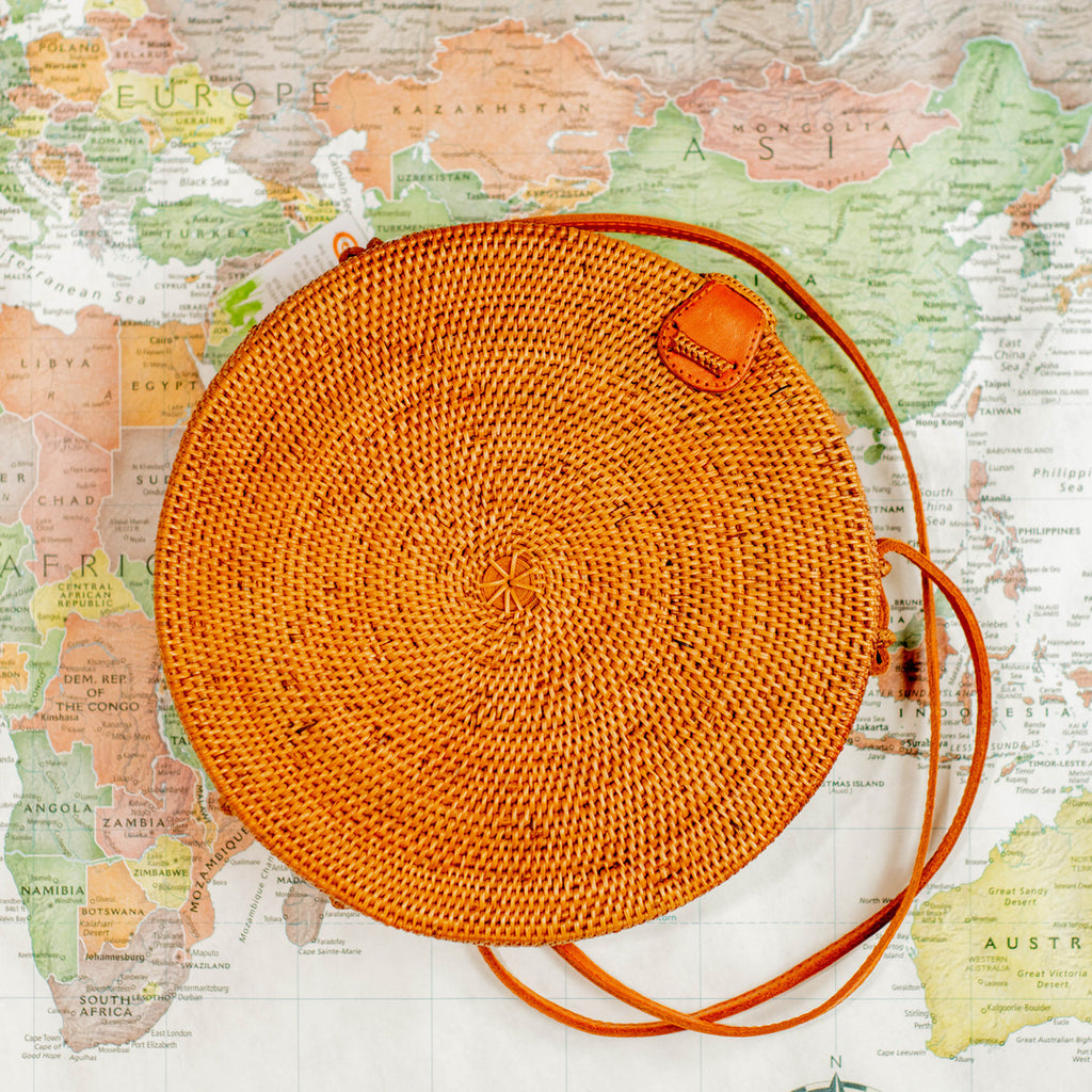 Round Ata Rattan Bag (Brown) - Bali Bag Straw Boho Beach Bag